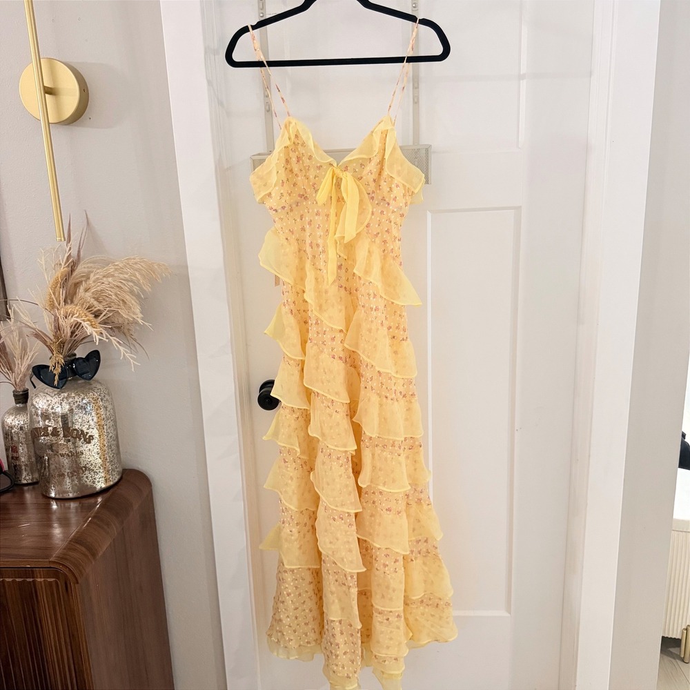 For Love & Lemons Debby Tiered Ruffle Maxi Dress Yellow Polka Dot L Ethereal NWT